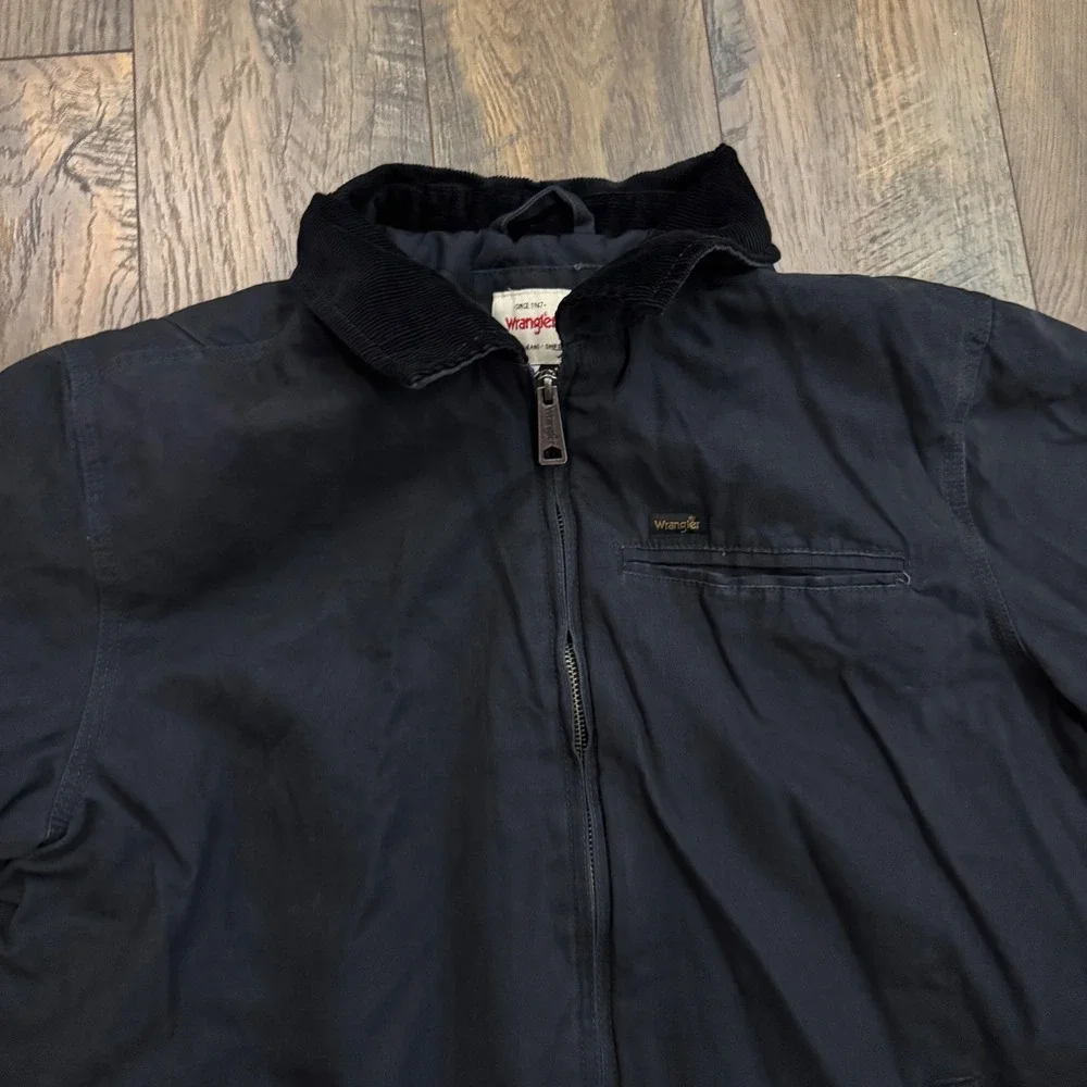 Wrangler Mens L Black Canvas Work Jacket Quilted Corduroy Lined Collar Cowboy